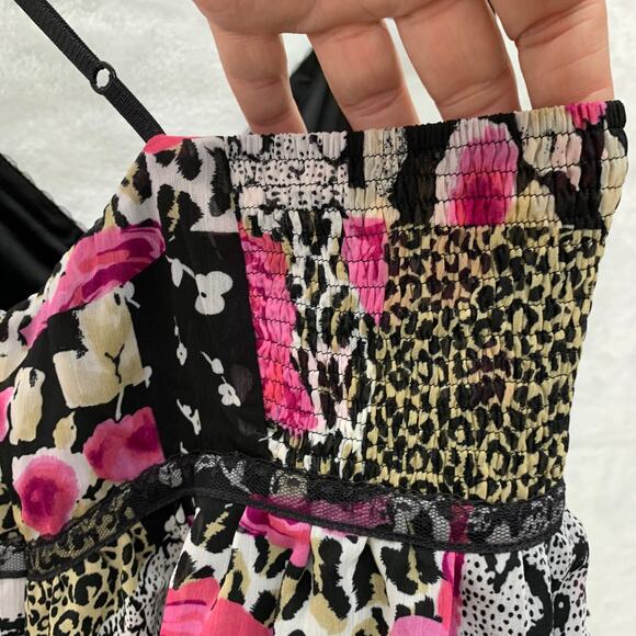 NWOT VTG 2008 Express Womens Large Cocktail Slip Dress Roses Leopard Ruffles - Picture 8 of 9